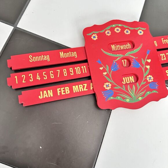 Vintage German Perpetual Sliding Wall Calendar WOOD Painted Red Kitschy - Picture 3 of 13